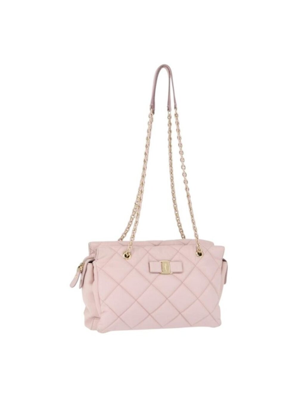 Authentic Salvatore Ferragamo Vala Chain Shoulder Bag Leather Pink Gold Tone